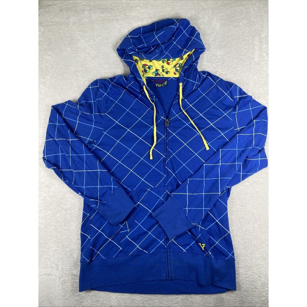 Vurt Y2K Blue Zip Hoodie Men's XL Grid Print Hood Cotton Stretch Skate Boarding